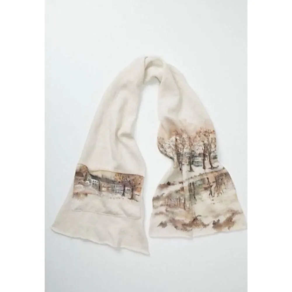 Anthropologie Hani Min Hand Painted Merino Wool Scarf Winter Visit Village Scene